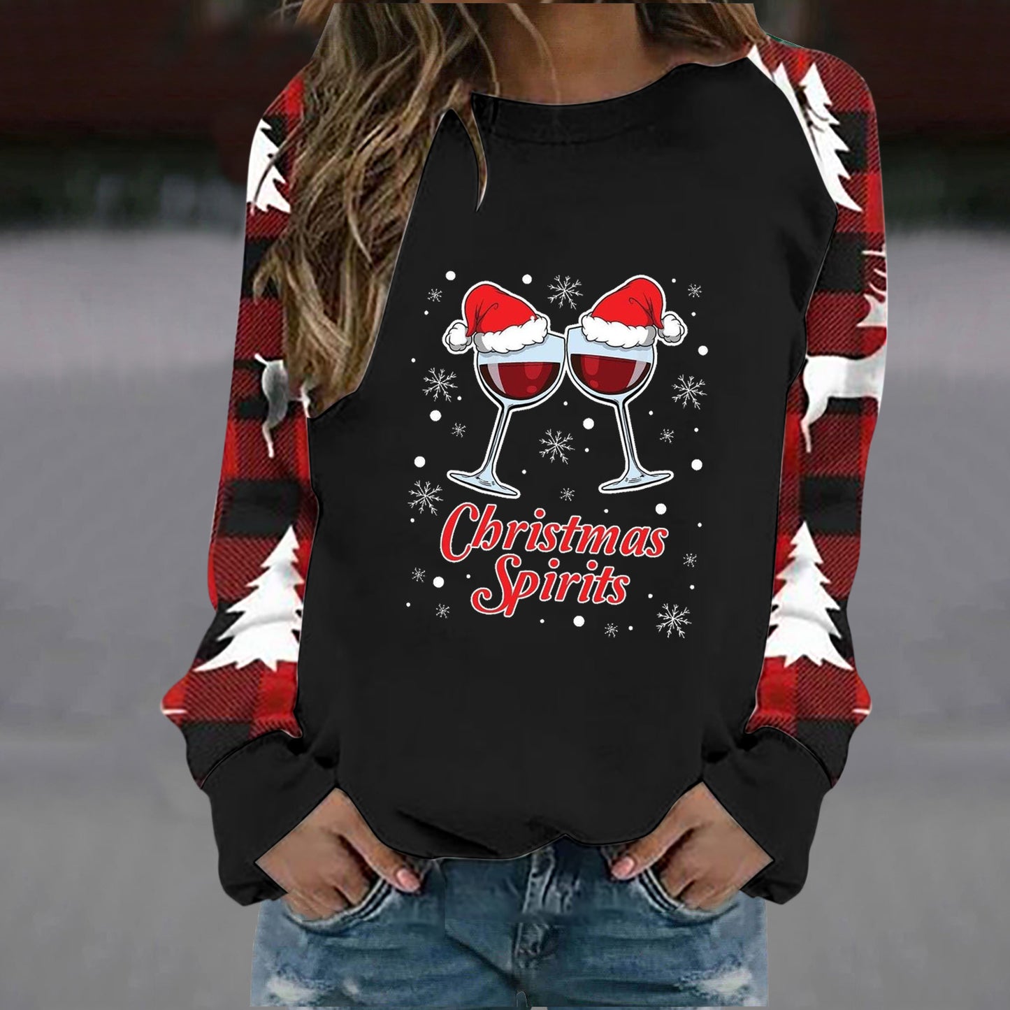Christmas wine glass letter printed round neck casual long sleeved sweatshirt