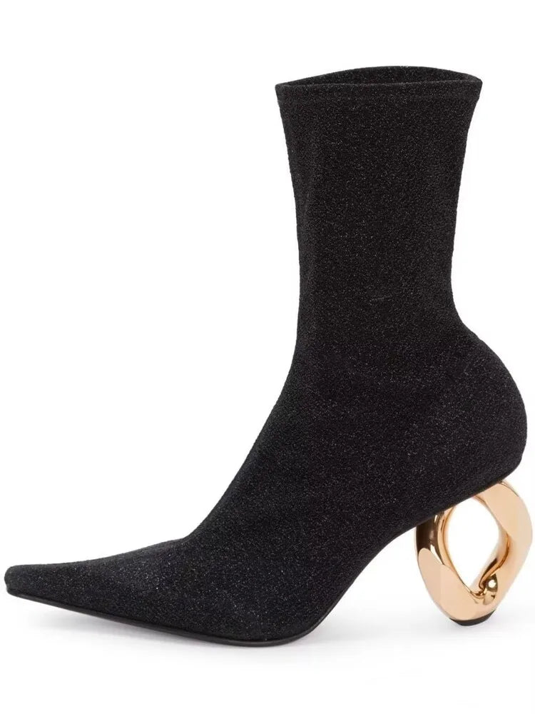 New European and American Metal Shaped High Heels Fashion Pointed Elastic Short Boots Sexy Model Show Large Women's Boots
