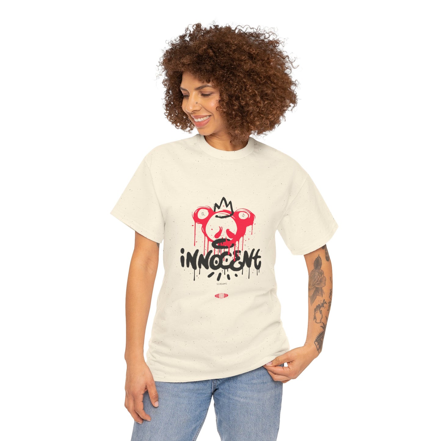 Edgy Graphic Tee: 'Innocent' Design, Urban Fashion, Streetwear, Unisex Cotton T-Shirt, Music Festivals, Casual Wear