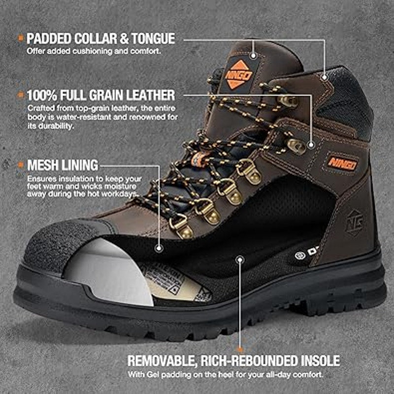 Ningo Mens Size 8.5 Brown Work Boots Lace Up Steel Toe Water Resistant Shoes