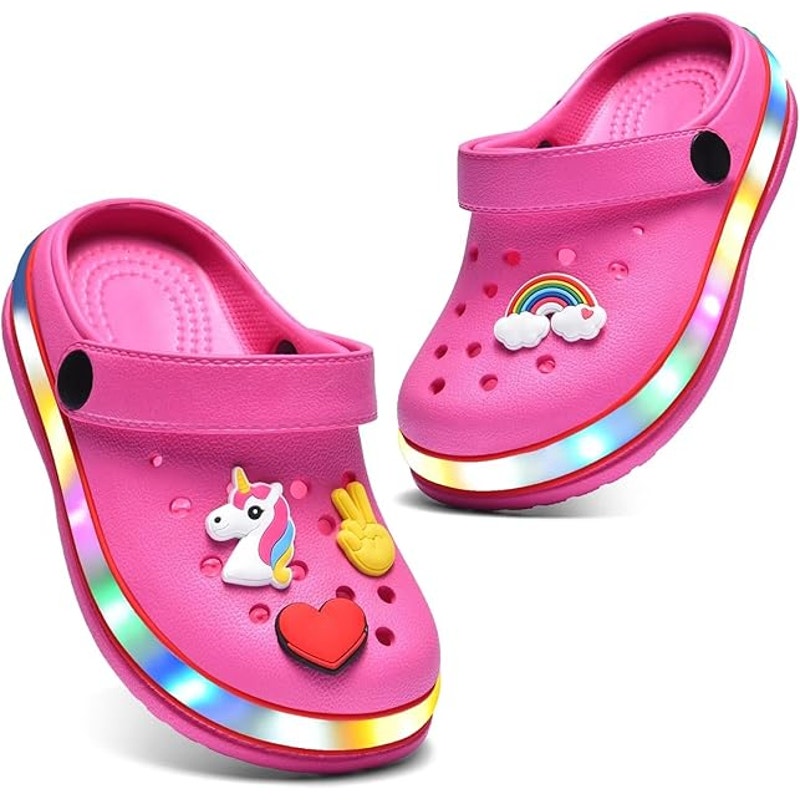 New Xpkws Toddler Girl Size 8 Pink LED Clogs Slip On Sandal Shoe w Bonus Charms