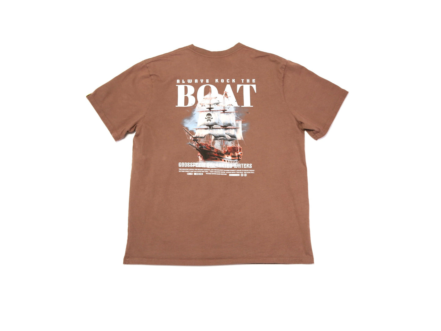 A brown short-sleeve t-shirt shown from the back, featuring a large graphic print of a sailing ship and the text 'ALWAYS BACK THE BOAT' in white.