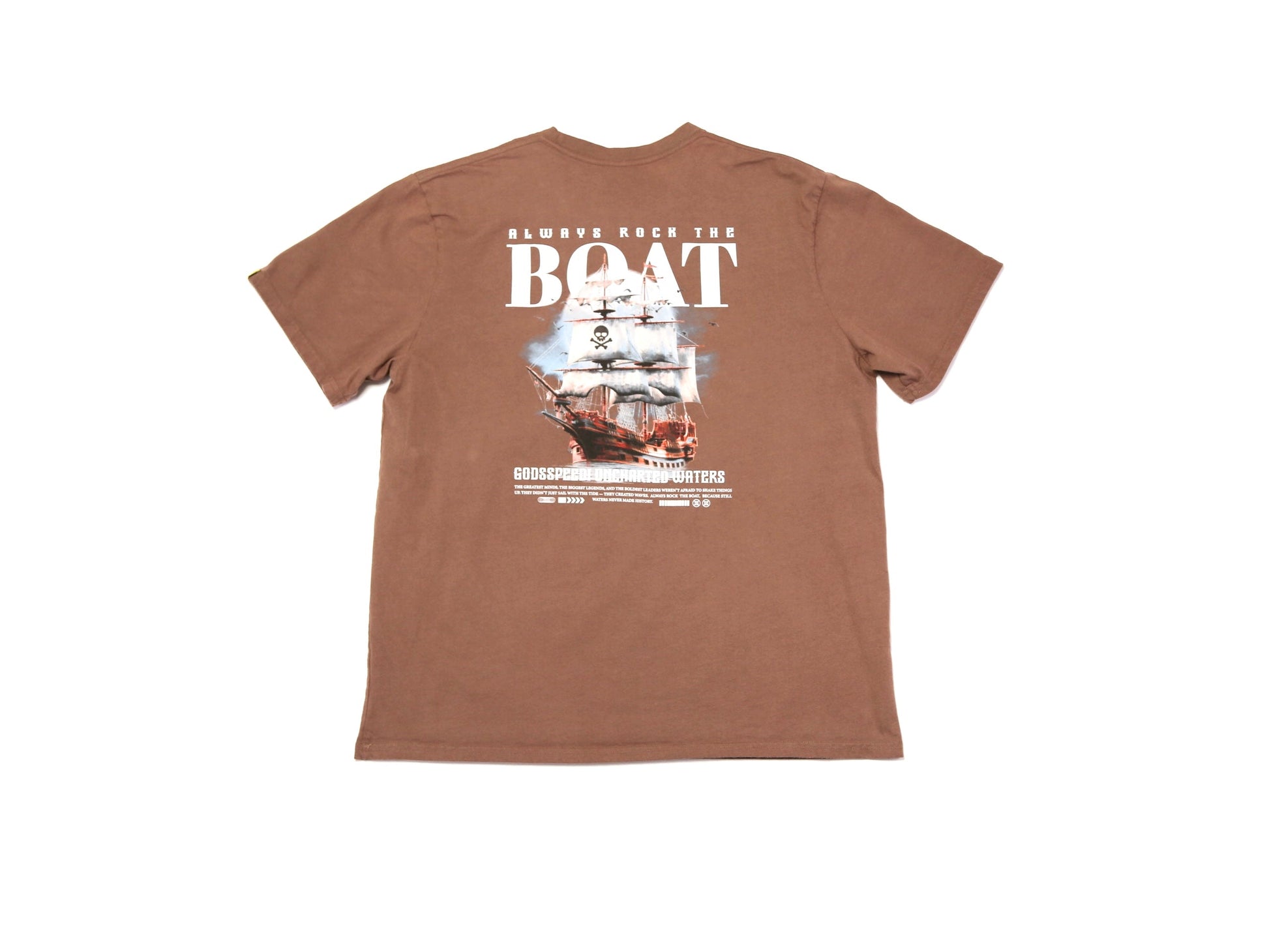 A brown short-sleeve t-shirt shown from the back, featuring a large graphic print of a sailing ship and the text 'ALWAYS BACK THE BOAT' in white.