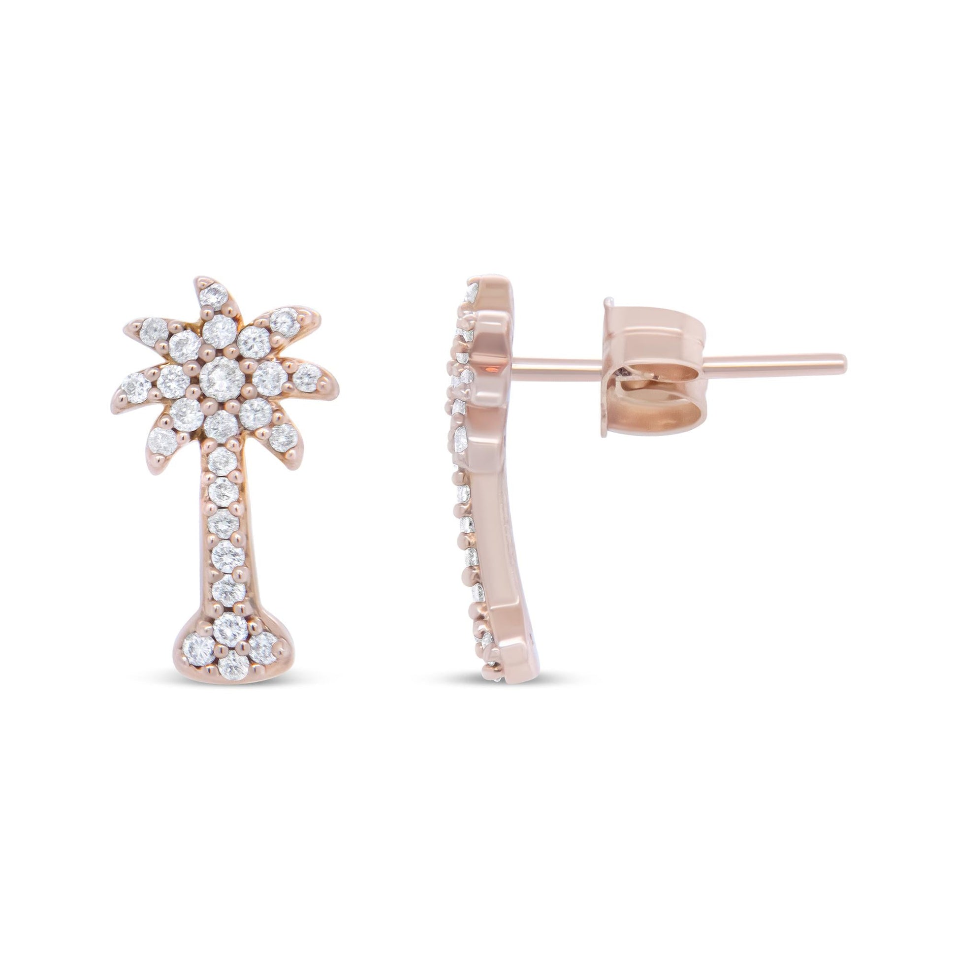 10K Rose Gold 1/4 Cttw Diamond Palm Tree Push Back Stud Earrings (H-I Color, I1-I2 Clarity)-3