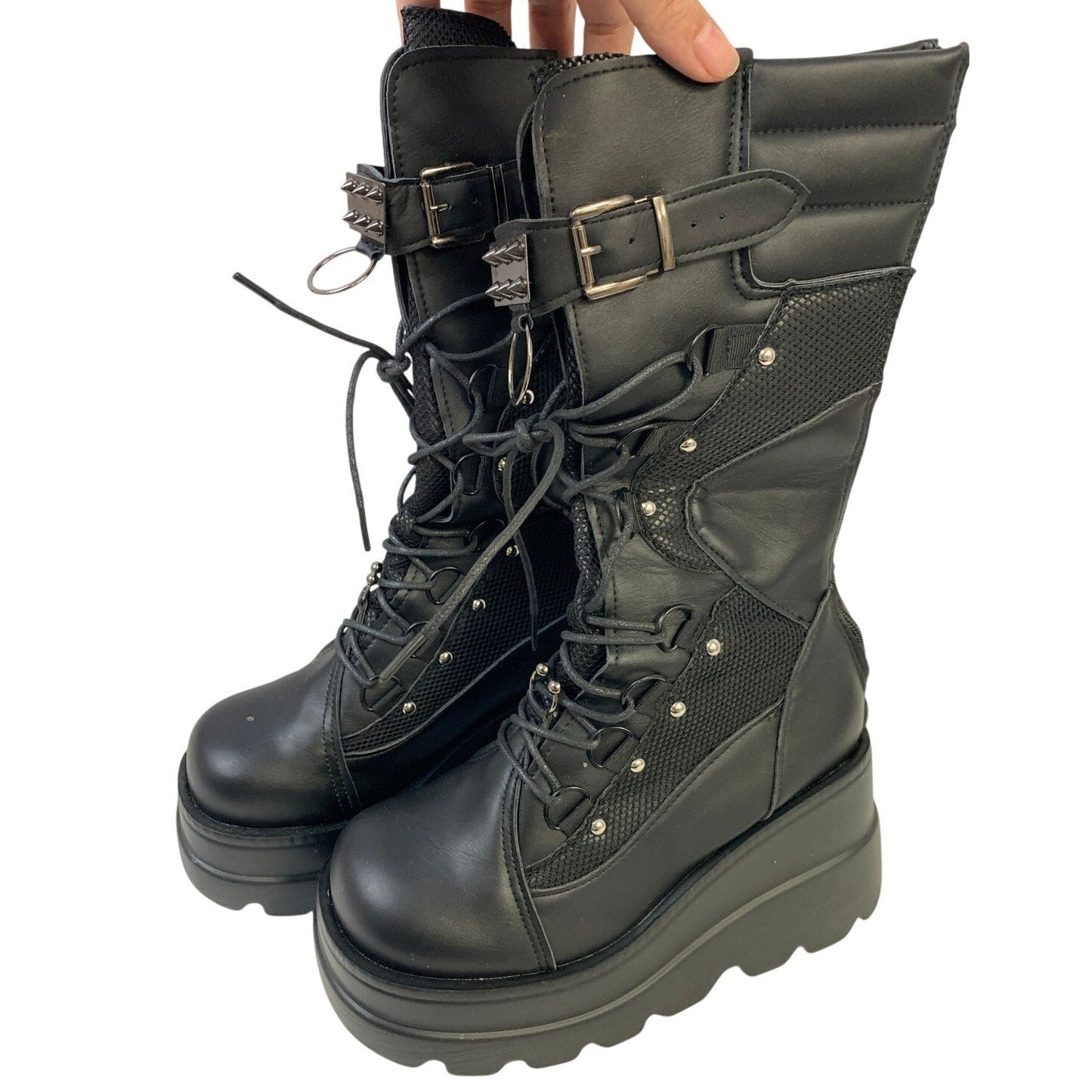 Tscoyuki Women Size 7 Black 3.5" Platform Lace Up Goth Wedge Mid Calf Boot Shoes