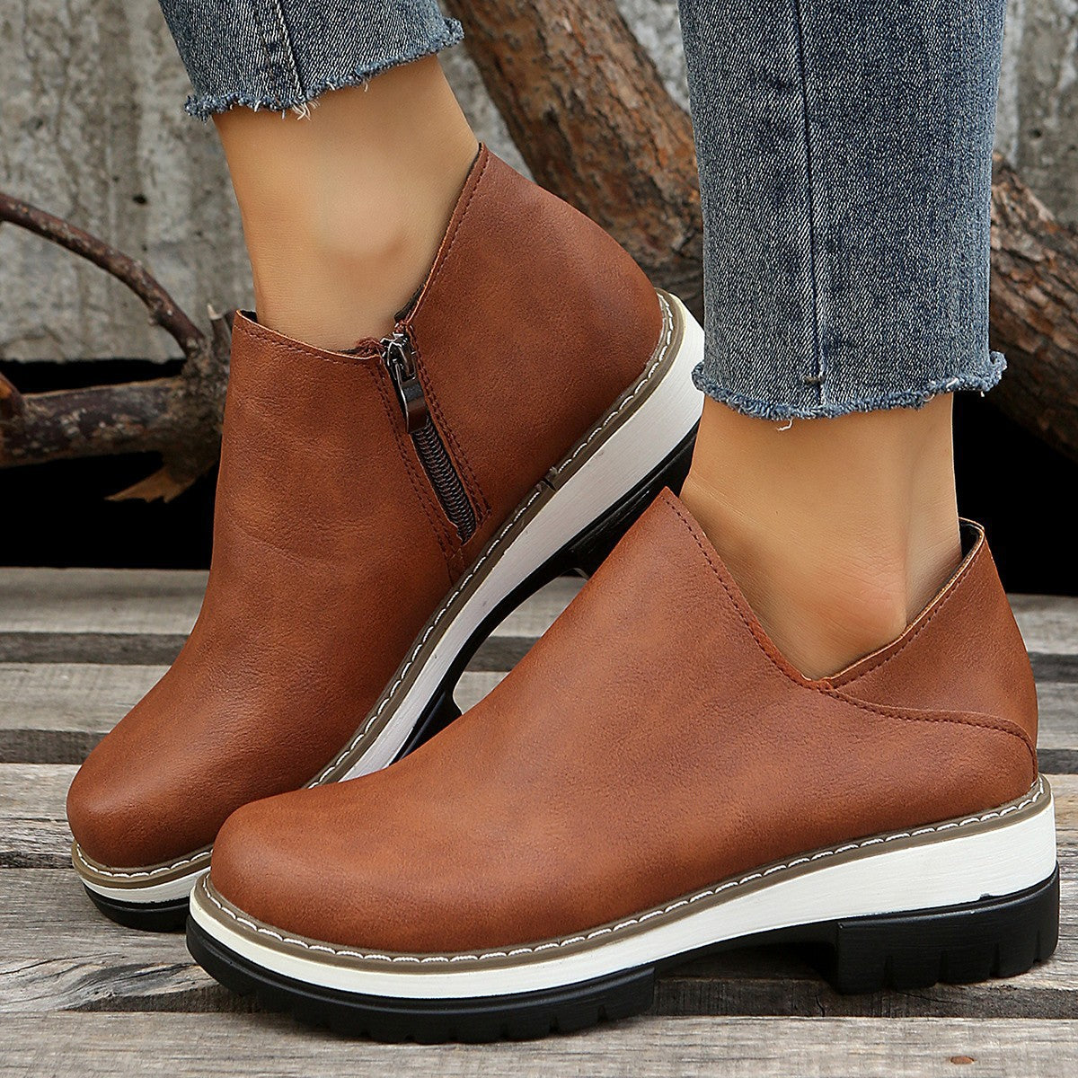 Women's single shoe low heel side zipper all season wearing style