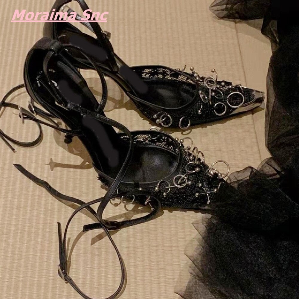 Summer Women Sandals Newest Mesh Stiletto One Word Buckle Pointed Toe Cool Shallow Punk Solid Metal Decoration Shoe