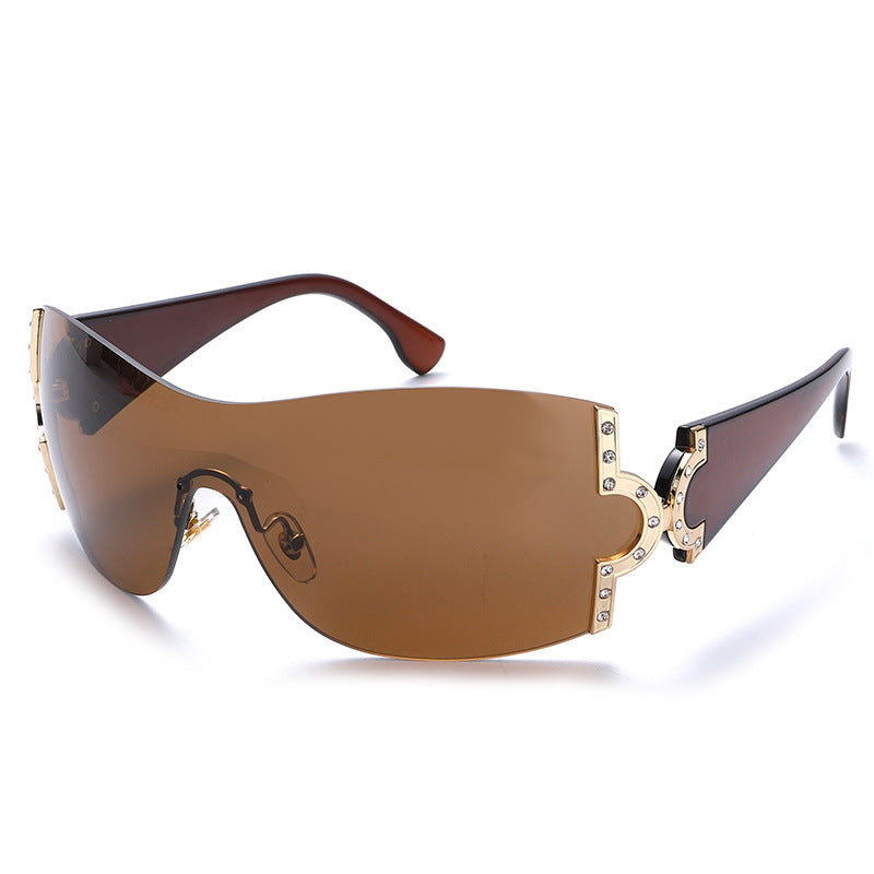 New Diamond Encrusted Sunglasses Women's Fashion Metal One-Piece Frame Glasses Large Frame Diamond Sunglasses