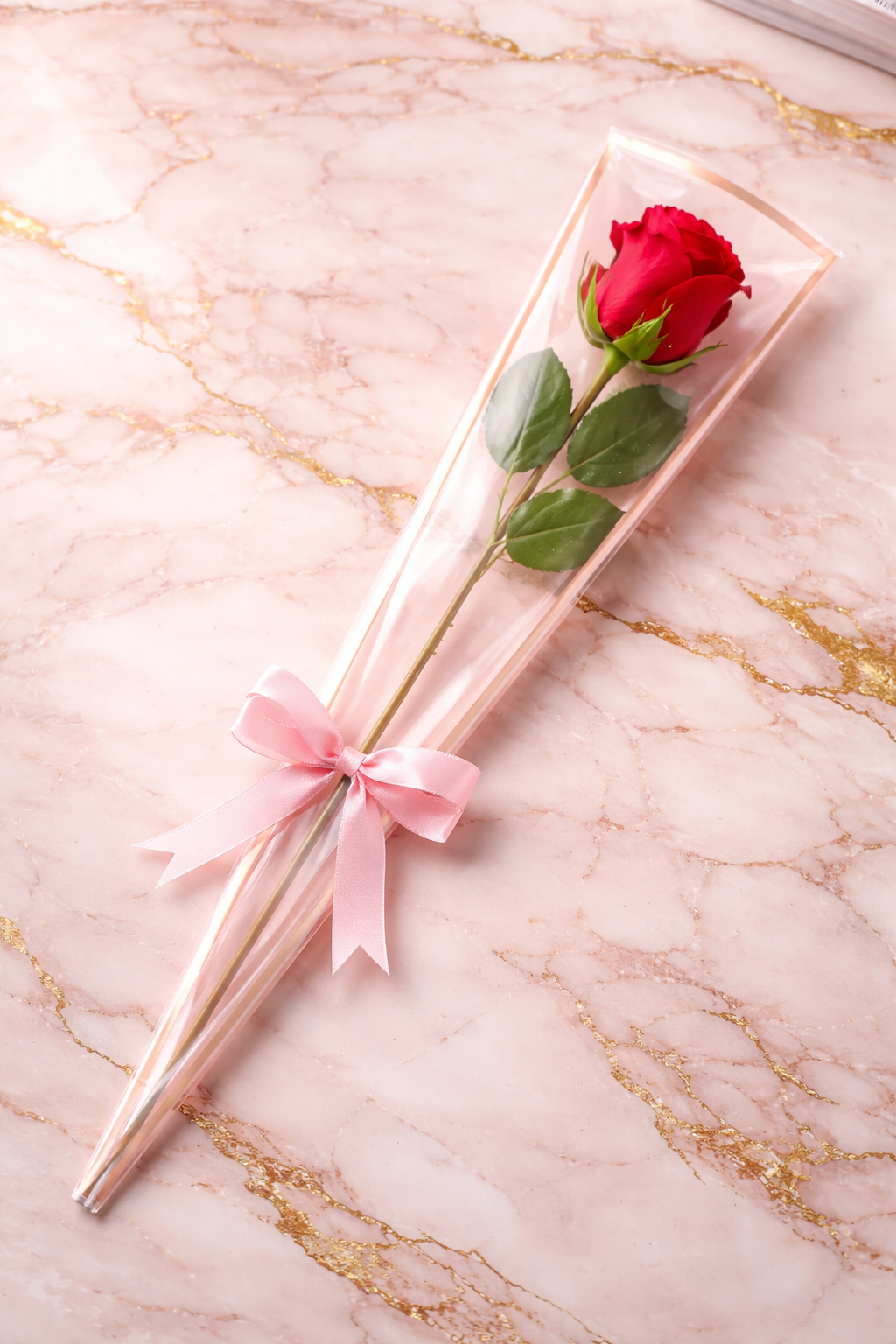 LUXEBYMIMI™ Signature Single-Rose Presentation Set – Clear Pink Waterproof Sleeve with Gold Trim, Diamond Pins & Water Tube, Premium Silk Rose Display Packaging