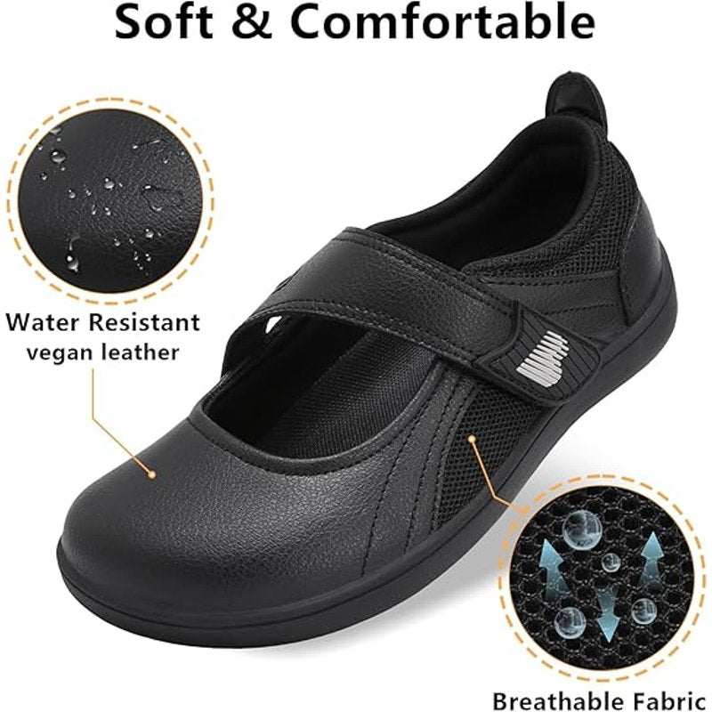 Barerun Womens Size 7.5 Black Faux Leather Mary Jane Flat Wide Toe Box Shoes