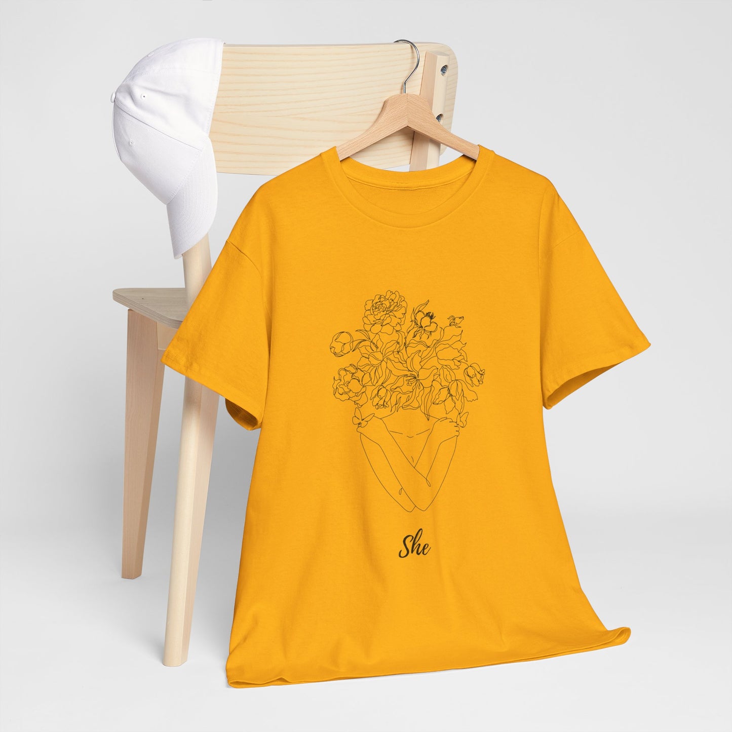 SHE Floral Love Unisex Heavy Cotton Tee, Casual T-Shirt, Gift for Her, Summer Fashion, Relaxed Fit Tee