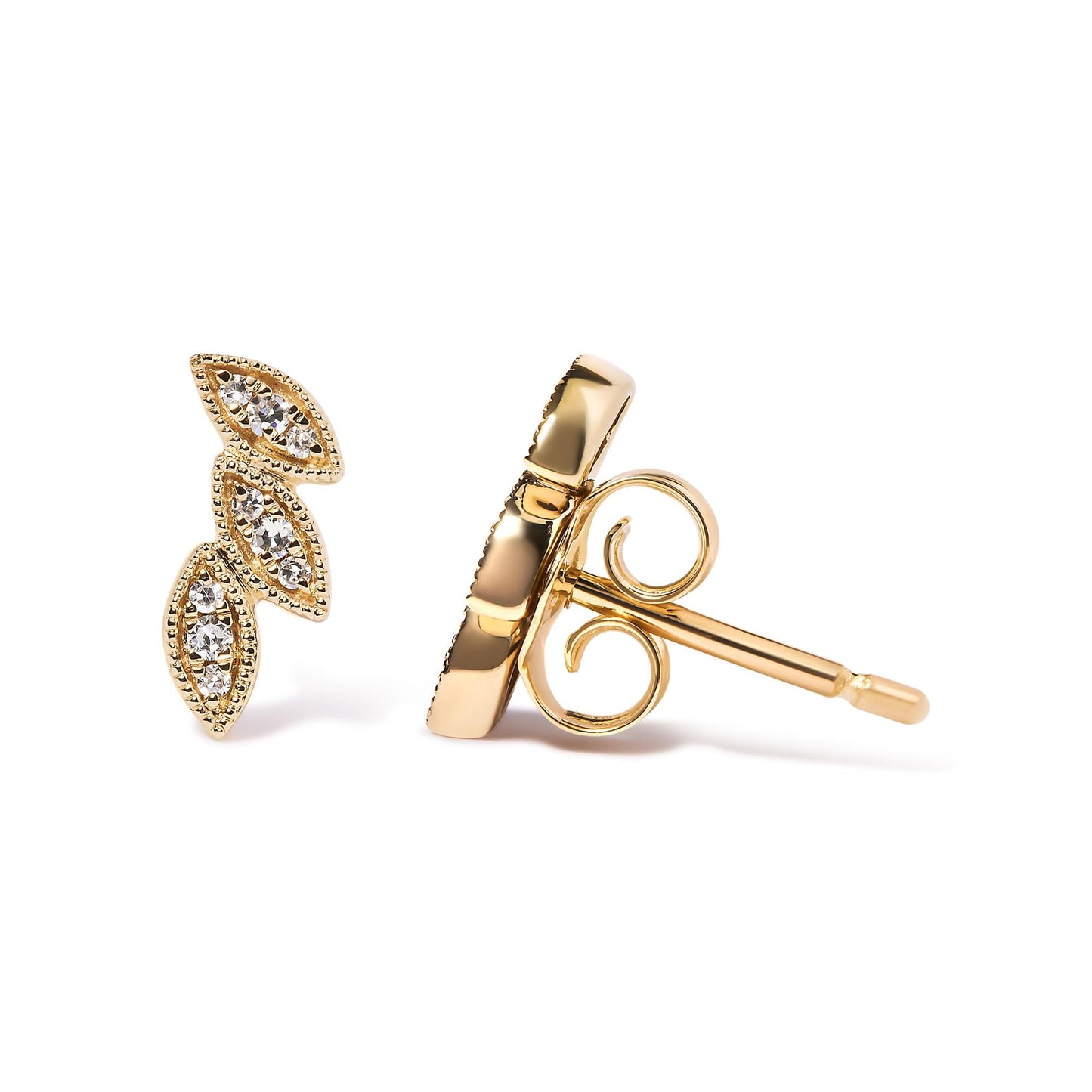 10K Yellow Gold 1/10 Cttw Diamond Triple Leaf Stud Earring (H-I Color, I1-I2 Clarity)-3