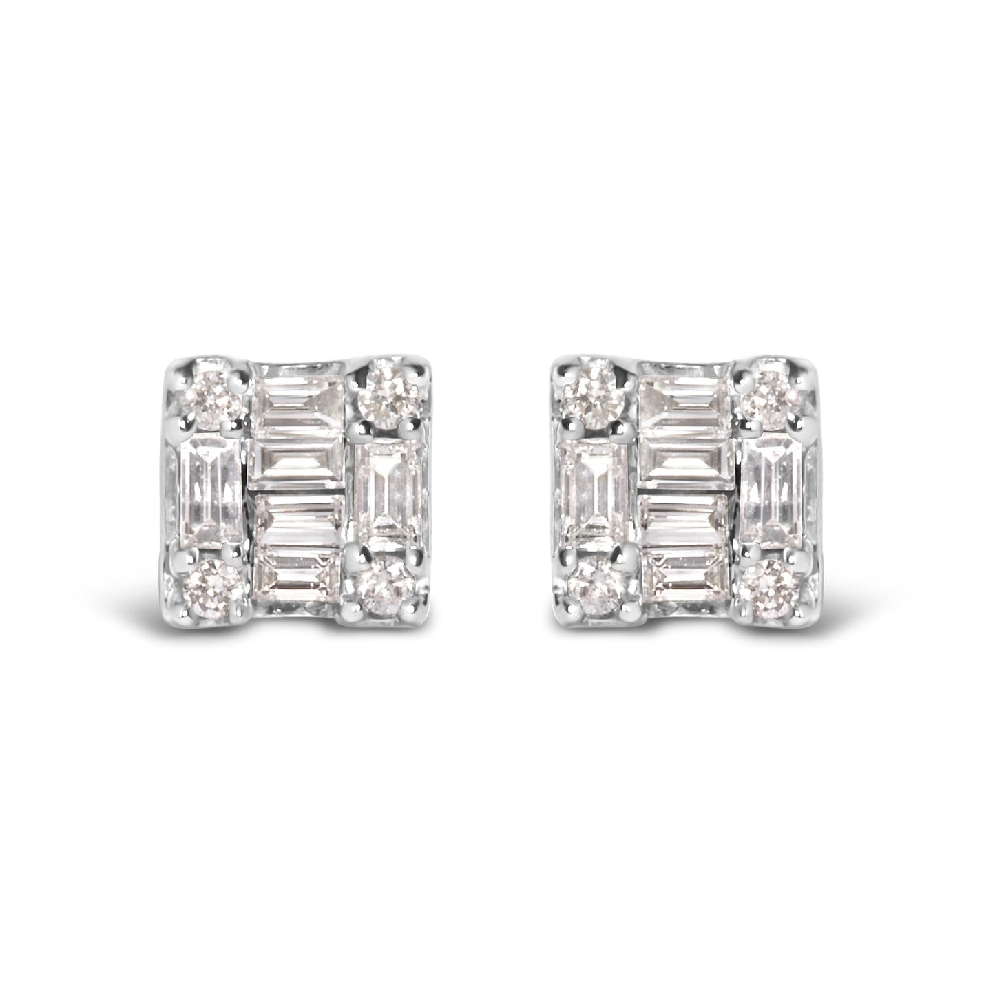 10K White Gold 1/7 Cttw Round and Baguette Diamond Mosaic Square Stud Earrings (H-I Color, I1-I2 Clarity)-0