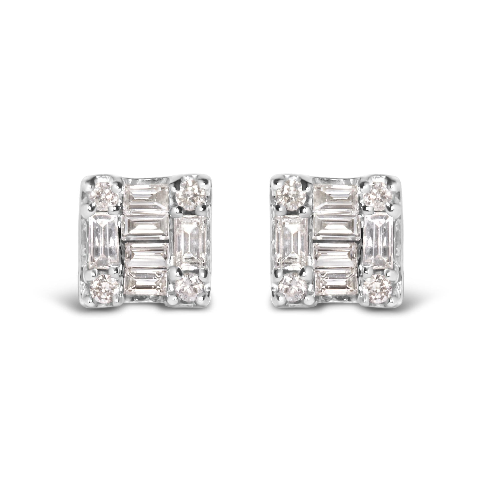 10K White Gold 1/7 Cttw Round and Baguette Diamond Mosaic Square Stud Earrings (H-I Color, I1-I2 Clarity)-0