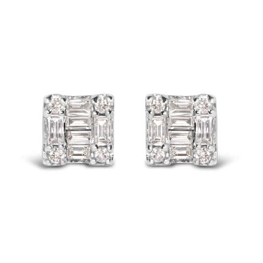 10K White Gold 1/7 Cttw Round and Baguette Diamond Mosaic Square Stud Earrings (H-I Color, I1-I2 Clarity)-0