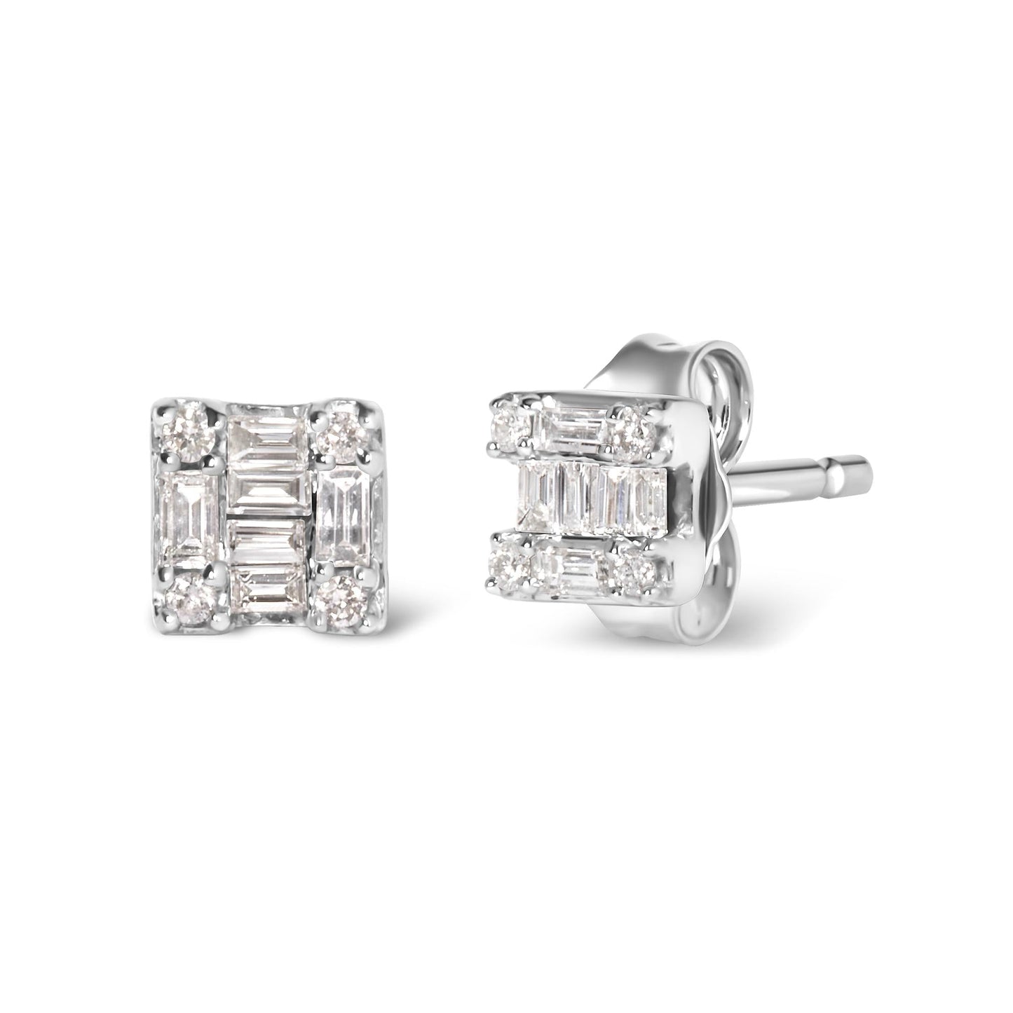 10K White Gold 1/7 Cttw Round and Baguette Diamond Mosaic Square Stud Earrings (H-I Color, I1-I2 Clarity)-1