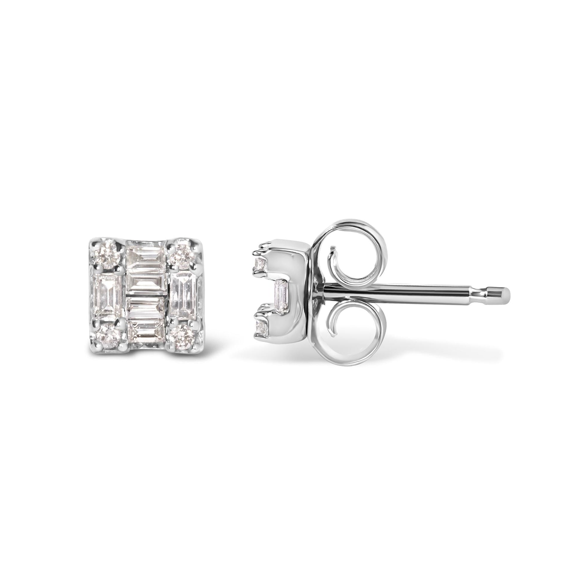 10K White Gold 1/7 Cttw Round and Baguette Diamond Mosaic Square Stud Earrings (H-I Color, I1-I2 Clarity)-3