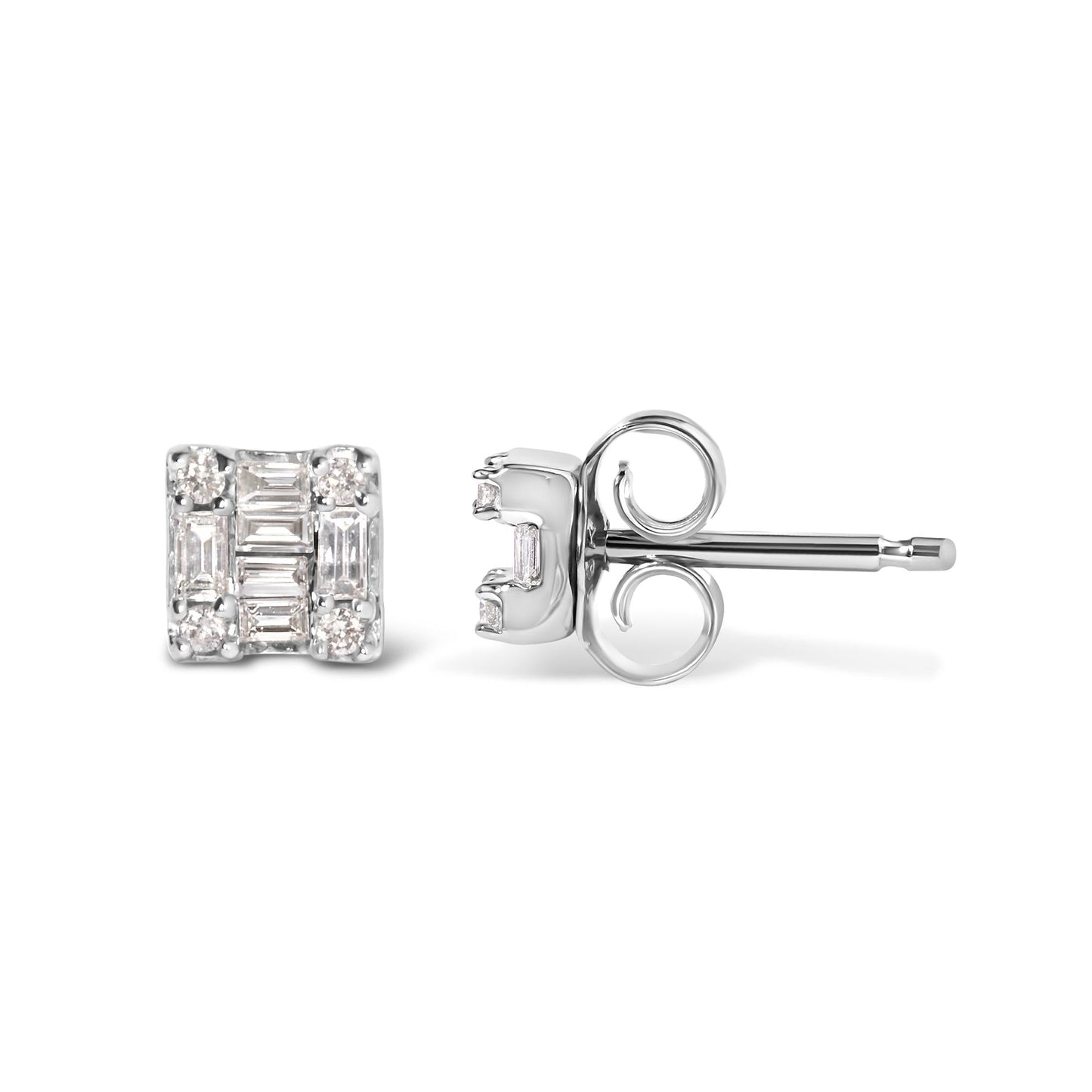 10K White Gold 1/7 Cttw Round and Baguette Diamond Mosaic Square Stud Earrings (H-I Color, I1-I2 Clarity)-3