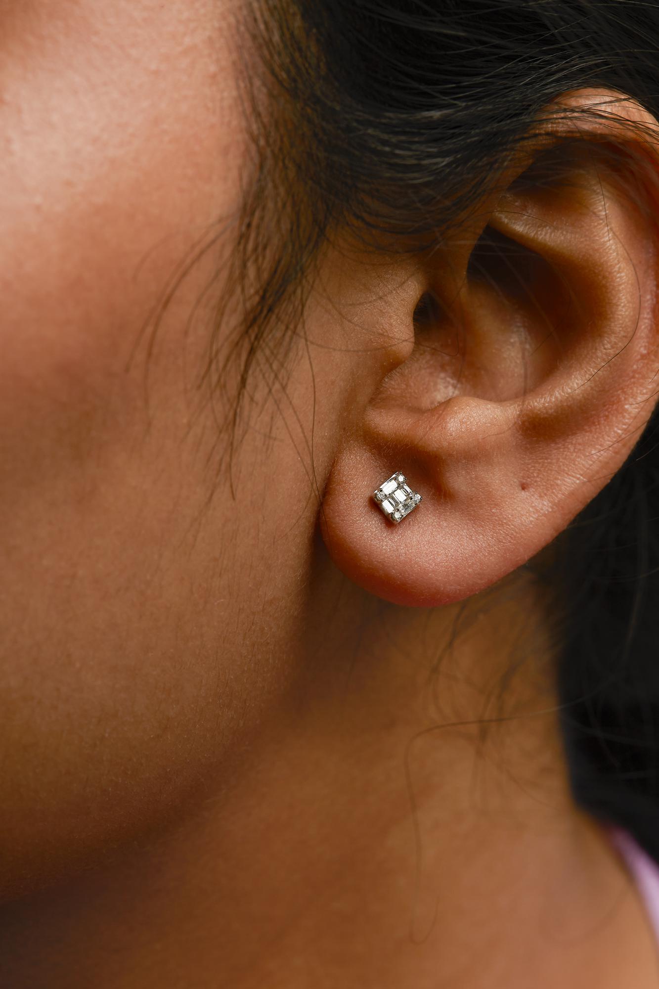 10K White Gold 1/7 Cttw Round and Baguette Diamond Mosaic Square Stud Earrings (H-I Color, I1-I2 Clarity)-2