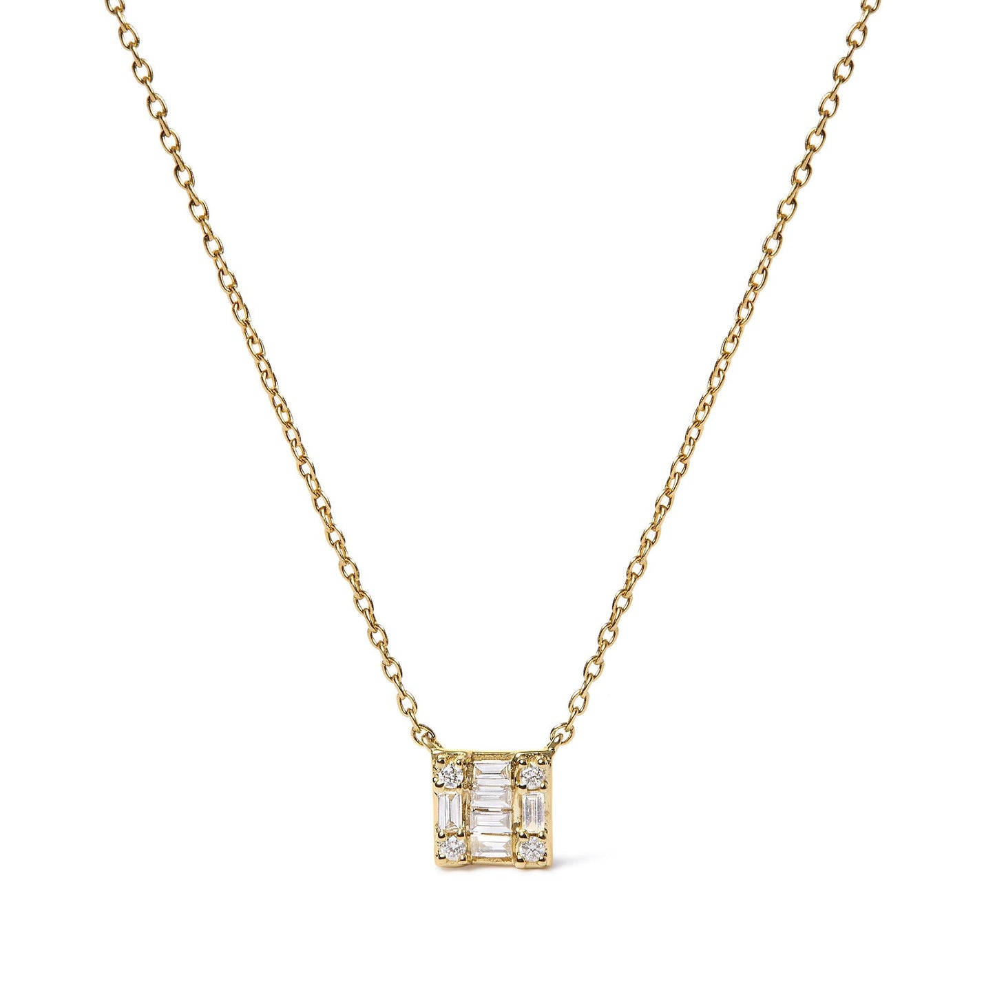 10K Yellow Gold 1/10 Cttw Round and Baguette Diamond Mosaic Composite Square 18" Inch Pendant Necklace (H-I Color, I1-I2 Clarity)-0