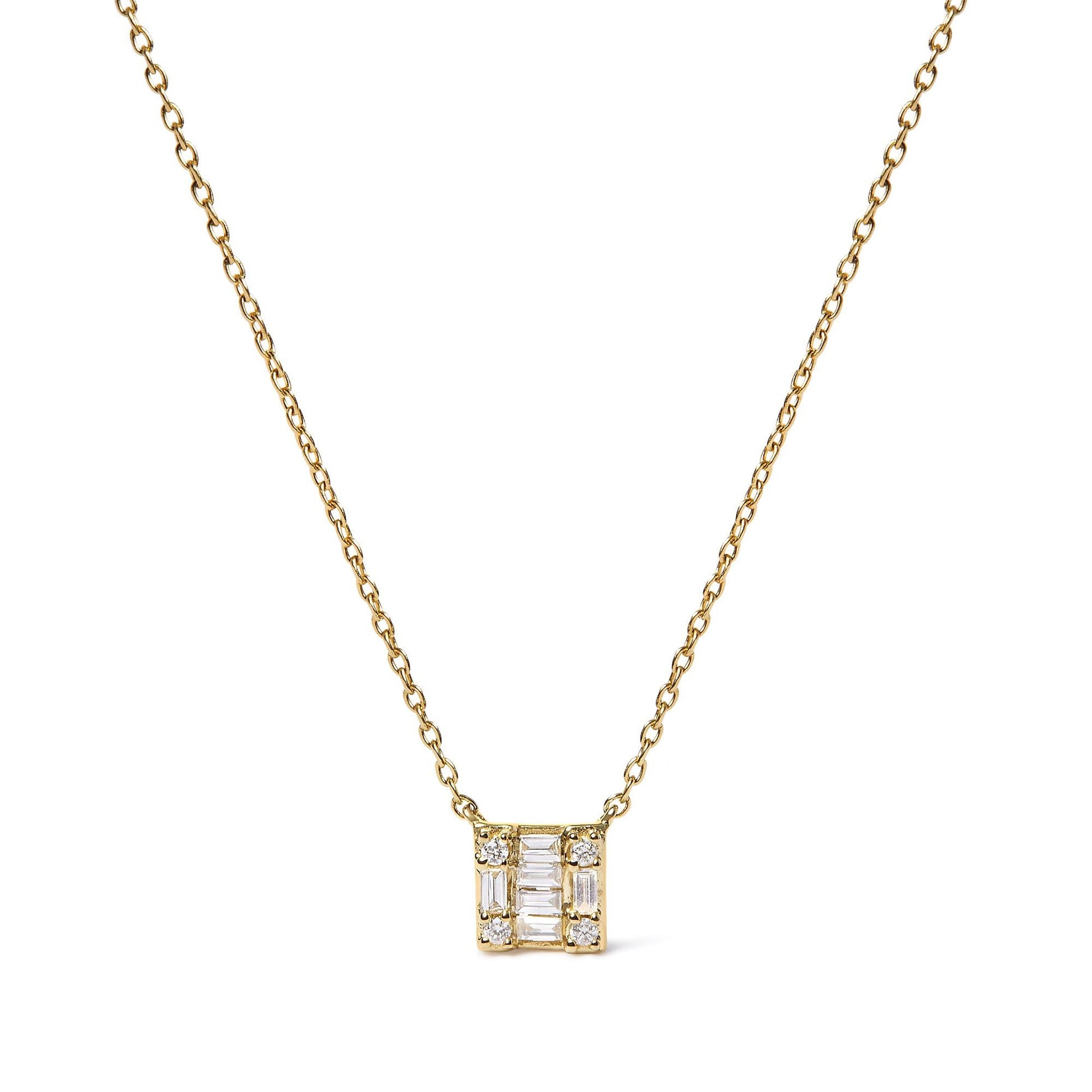10K Yellow Gold 1/10 Cttw Round and Baguette Diamond Mosaic Composite Square 18" Inch Pendant Necklace (H-I Color, I1-I2 Clarity)-0
