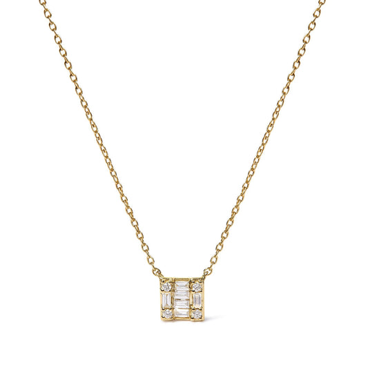 10K Yellow Gold 1/10 Cttw Round and Baguette Diamond Mosaic Composite Square 18" Inch Pendant Necklace (H-I Color, I1-I2 Clarity)-0
