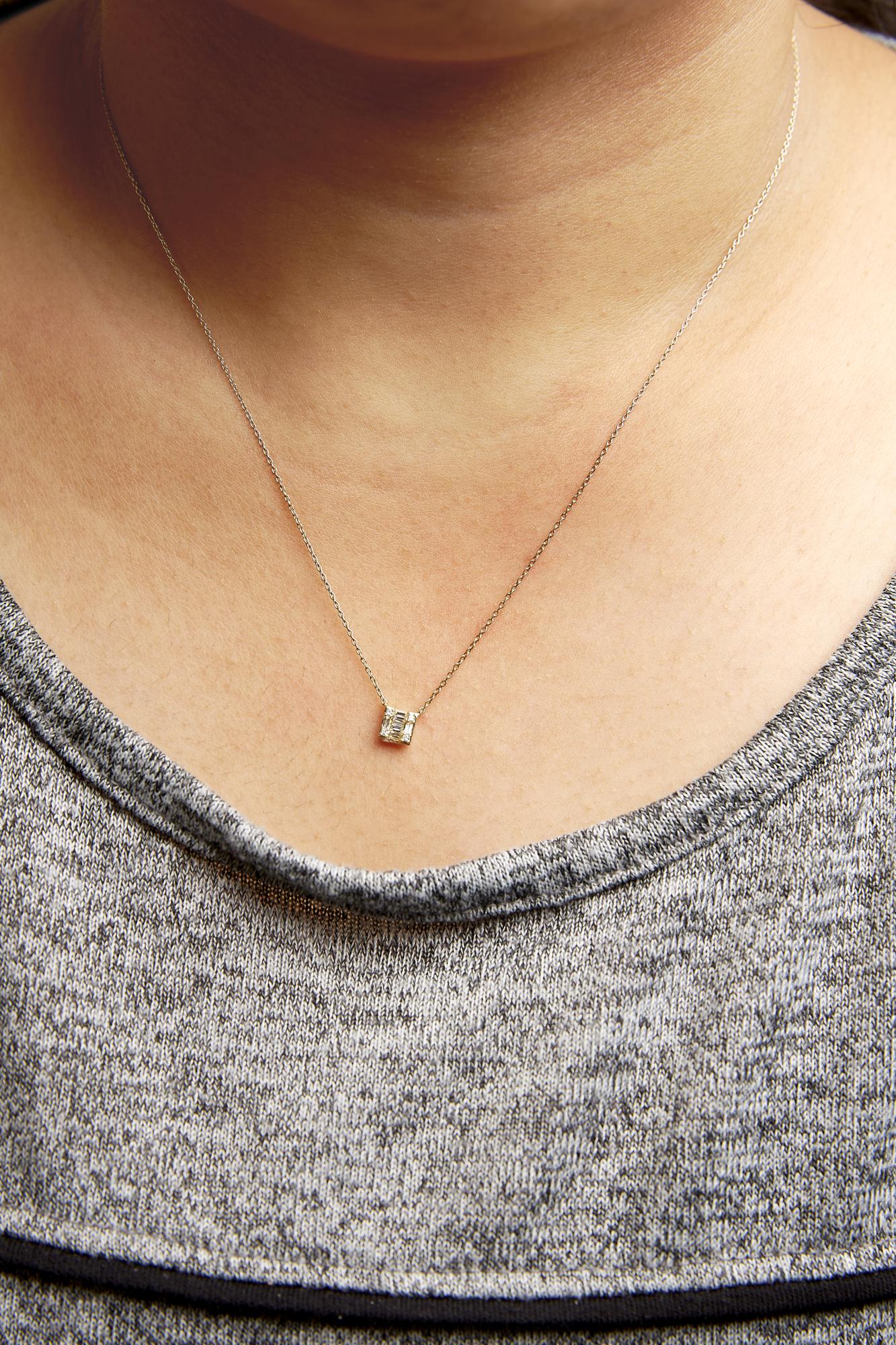 10K Yellow Gold 1/10 Cttw Round and Baguette Diamond Mosaic Composite Square 18" Inch Pendant Necklace (H-I Color, I1-I2 Clarity)-2