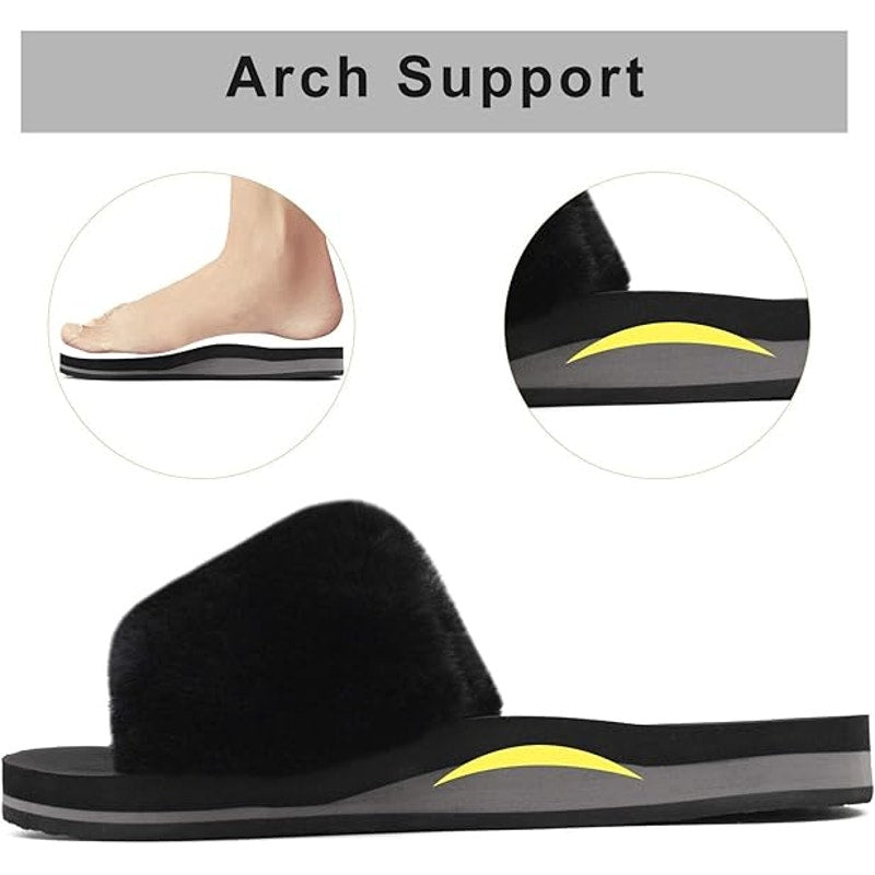 New Coface Womens Size 8 Black Fuzzy Slides Open Round Toe Sandal House Shoes