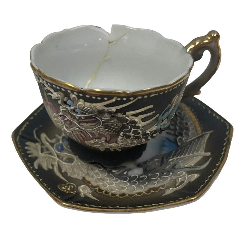 Vintage Soka China Chipped Collectable Dragon Mini Small Teacup w Saucer