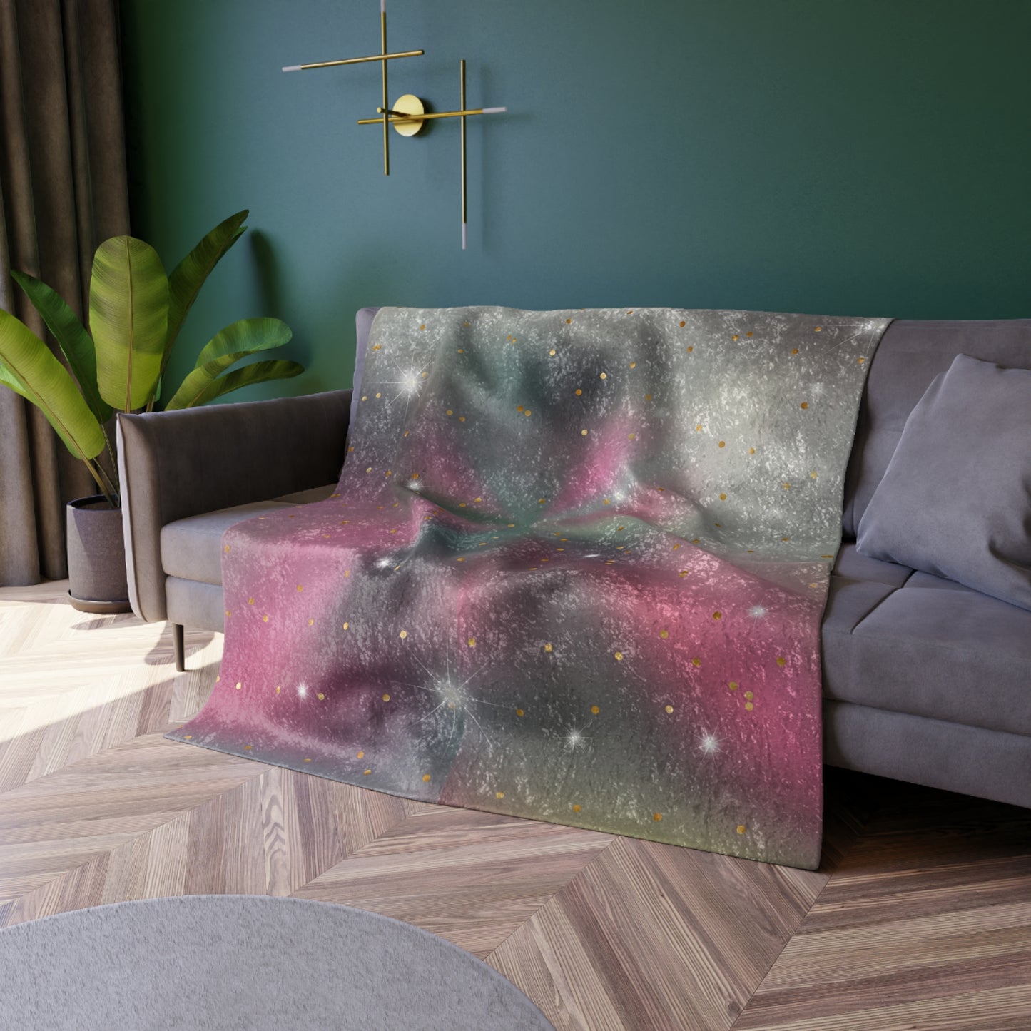 Crushed Velvet Blanket - Galaxy Starburst Plush Throw (Pink, Teal & Silver)