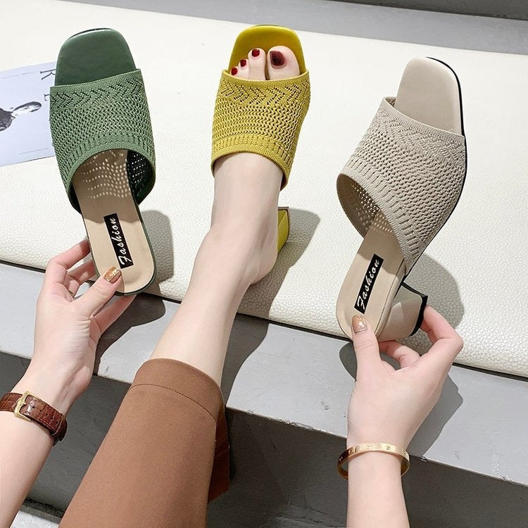 Mid Heel Sandals and Slippers for Women's Summer New Korean Edition Flying Weave Outerwear Fashion Women's Sandals and Slippers