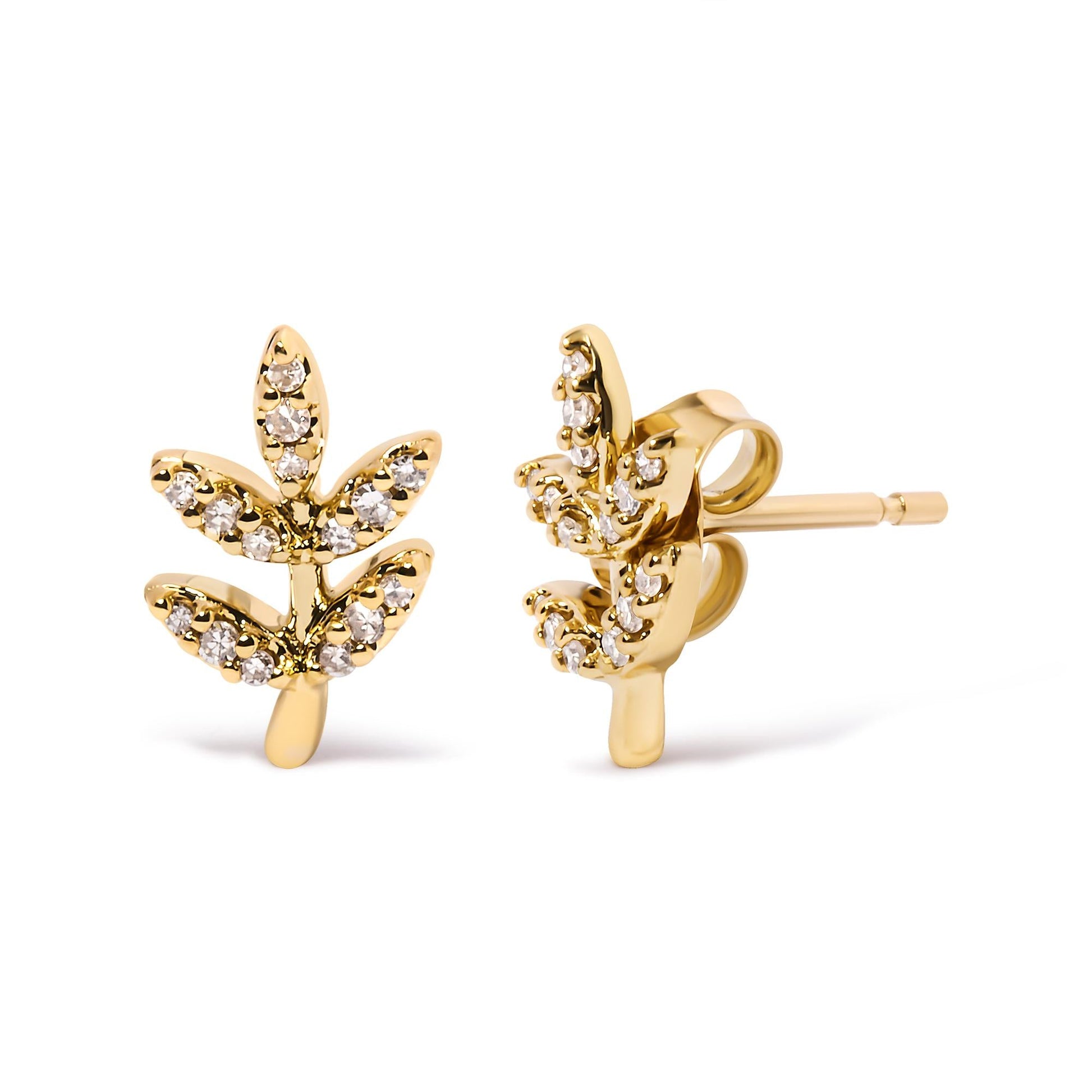 10K Yellow Gold 1/10 Cttw Diamond Accented Leaf and Branch Stud Earrings (H-I Color, I1-I2 Clarity)-1