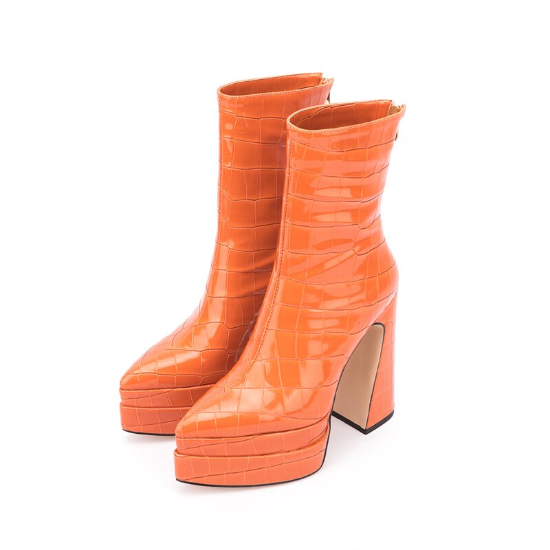 Women's Autumn and Winter New European and American Fashion Stone Pattern Thick High-heeled Thick-soled Pointed Ankle Boots