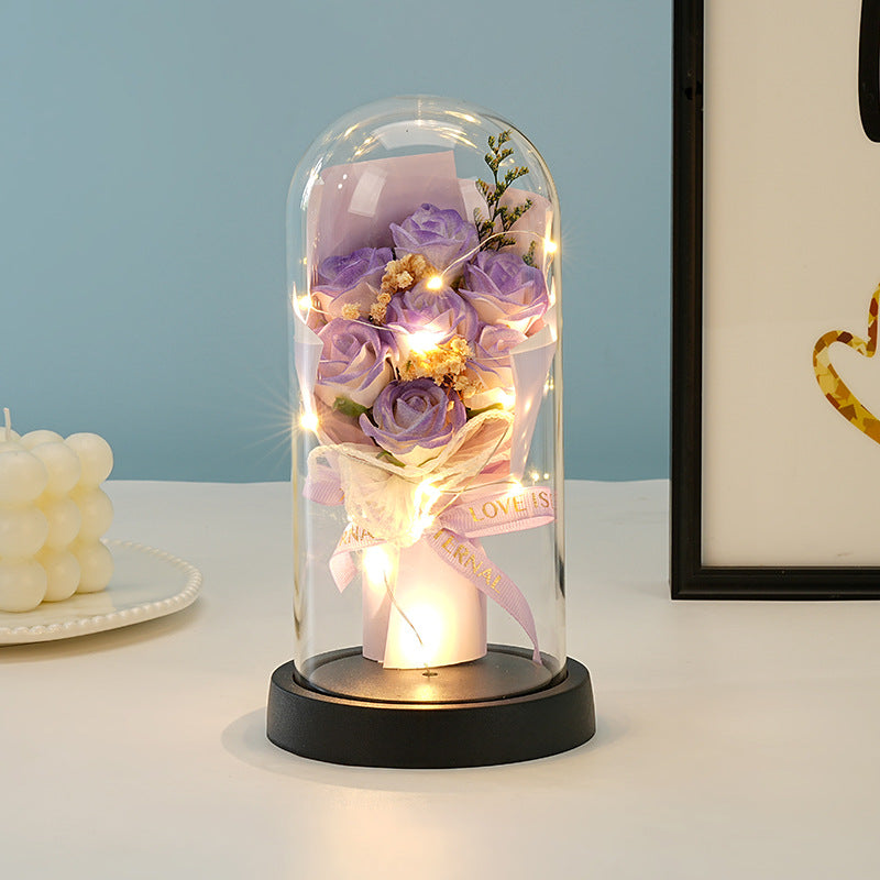 Eternal Rose Flower Bouquet Glass Dome Night Light Decoration Dried Flowers Baby's Breath Valentine's Day Gift for Her