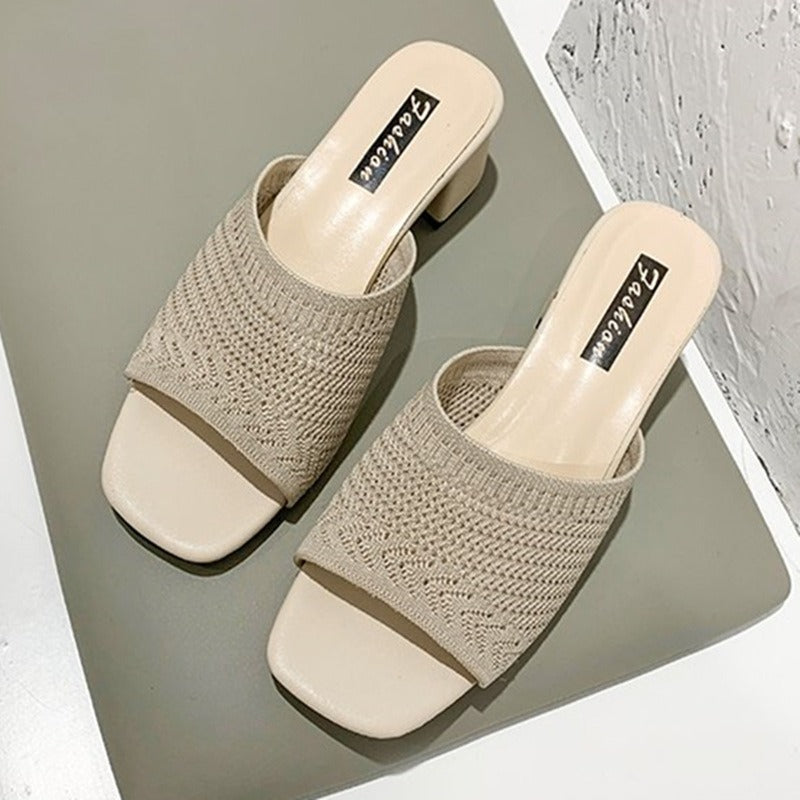 Mid Heel Sandals and Slippers for Women's Summer New Korean Edition Flying Weave Outerwear Fashion Women's Sandals and Slippers
