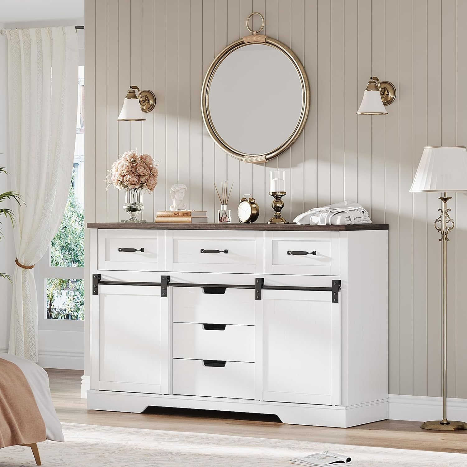 White Farmhouse Buffet Cabinet 47 Inch Wide With Drawers-2
