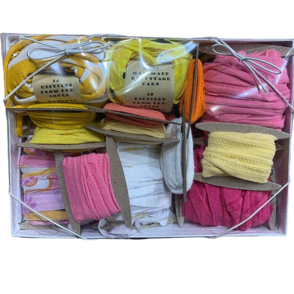 100 yds Handmade Upcycled T-Shirt Fabric Ribbon Yarn Sampler Pack Yellow Pink