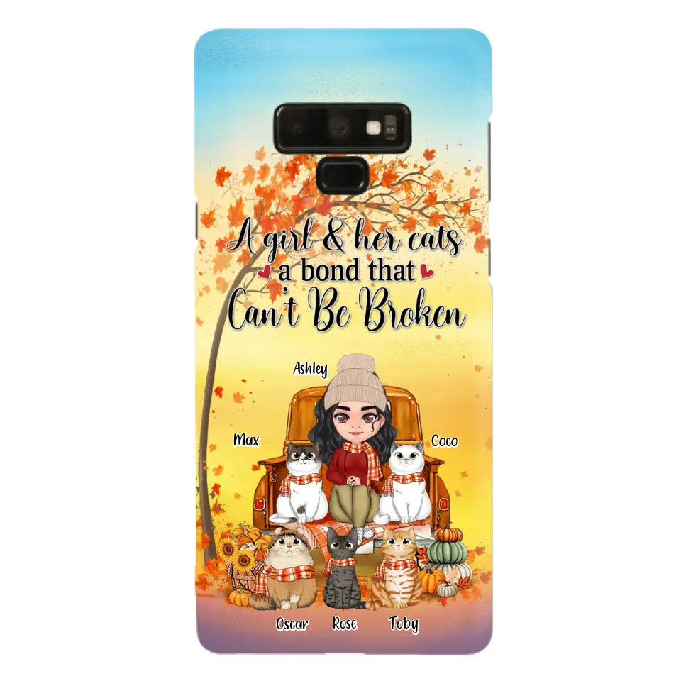 Custom Personalized Cat Mom Fall Season Phone Case - Gift Idea For Cat Owners - Upto 5 Cats -  Case For iPhone/Samsung - A Girl & Her Cats A Bond That Can't Be Broken