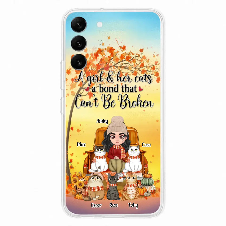 Custom Personalized Cat Mom Fall Season Phone Case - Gift Idea For Cat Owners - Upto 5 Cats -  Case For iPhone/Samsung - A Girl & Her Cats A Bond That Can't Be Broken