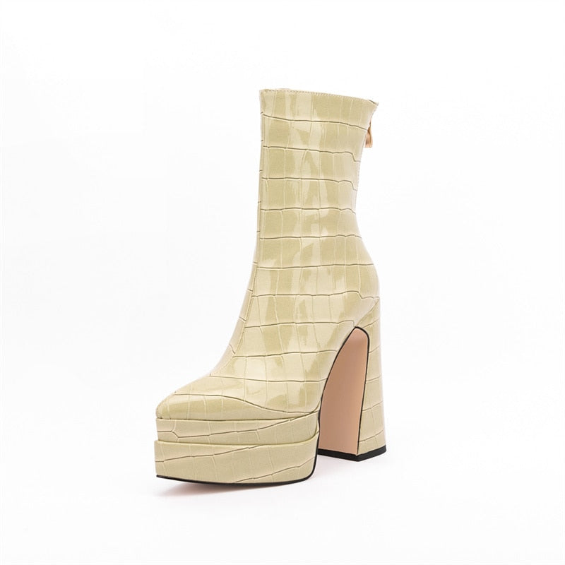 Women's Autumn and Winter New European and American Fashion Stone Pattern Thick High-heeled Thick-soled Pointed Ankle Boots