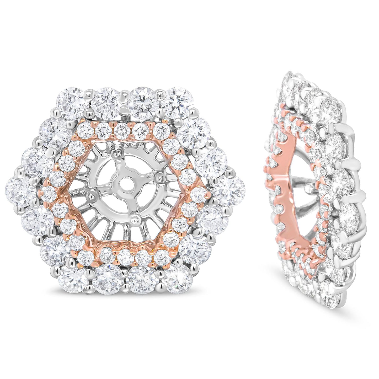 14K Rose and White Gold 1 7/8 Cttw Round Diamond Double Halo Earring Jacket for 6mm Round Studs (G-H Color, VS2-SI1 Clarity)-3