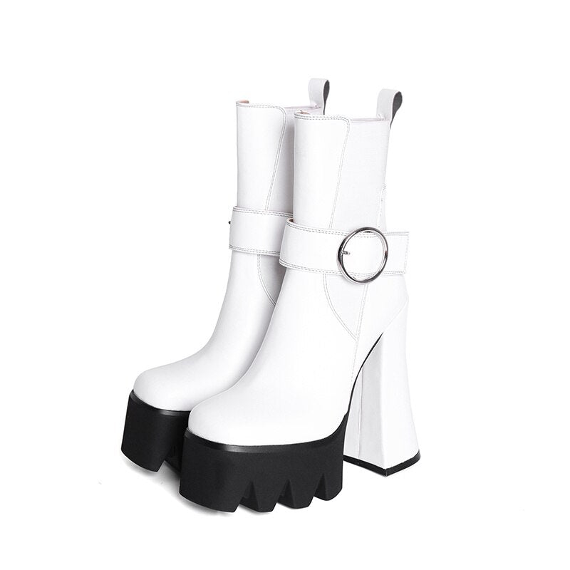 Women's Autumn Short Boots Brand New Square Toe Super High Heel Thick Sole Metal Sexy Stretch Bare Boots 42 Sizes