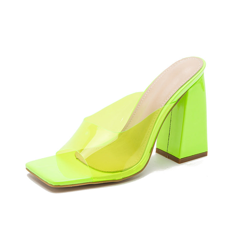 Fashion Candy-Colored Sandals Women's Summer New Large Yard Square Toe Chunky Heels High-Heeled Sandals And Slippers