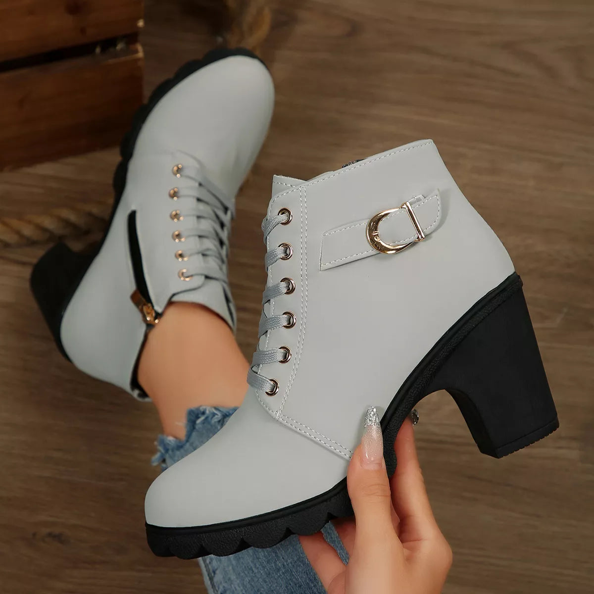 Lace Up Block Heels Boots