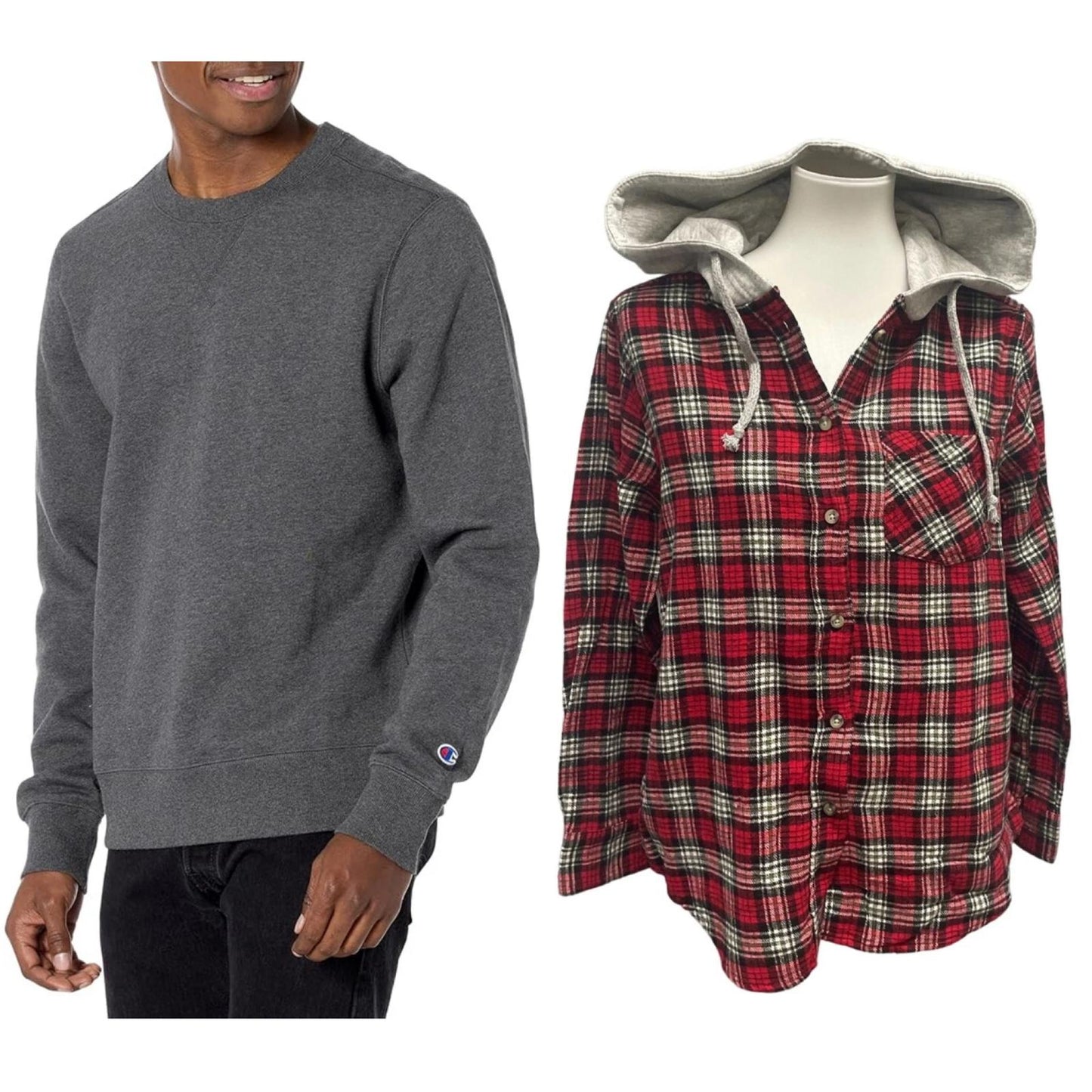 New Champion Unisex Medium Gray Pullover Sweatshirt w Bonus Plaid Flannel Hoodie
