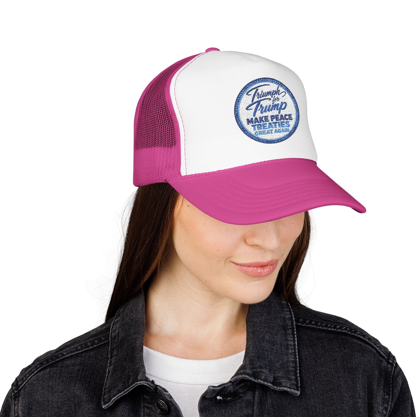 "Triumph for Trump: Make Peace Treaties Great Again" ✨EMBROIDERED Foam Trucker Hat — Vintage Trump Campaign Patch, Only @ LuxeByMimi✨