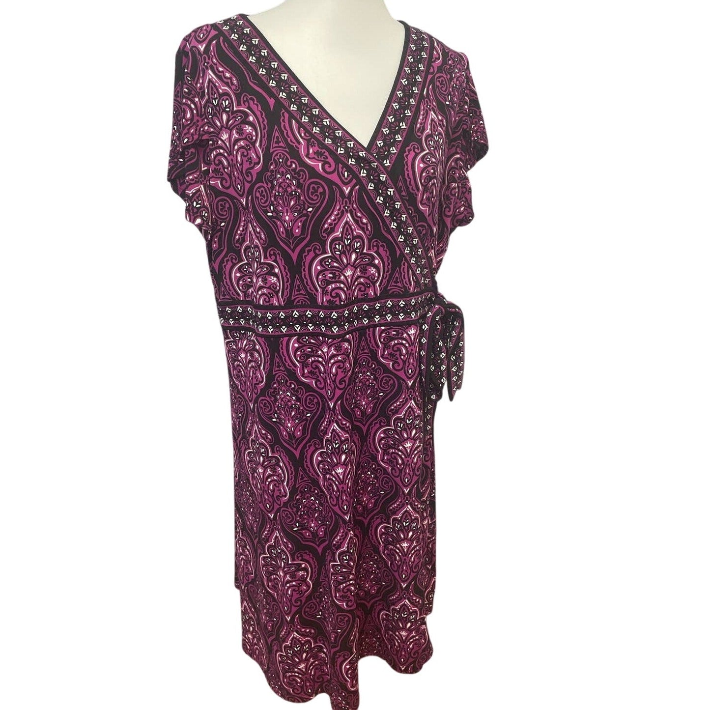 Apt 9 Womens 1X Short Sleeve Purple Faux Wrap Belted Floral Midi Sheath Dress