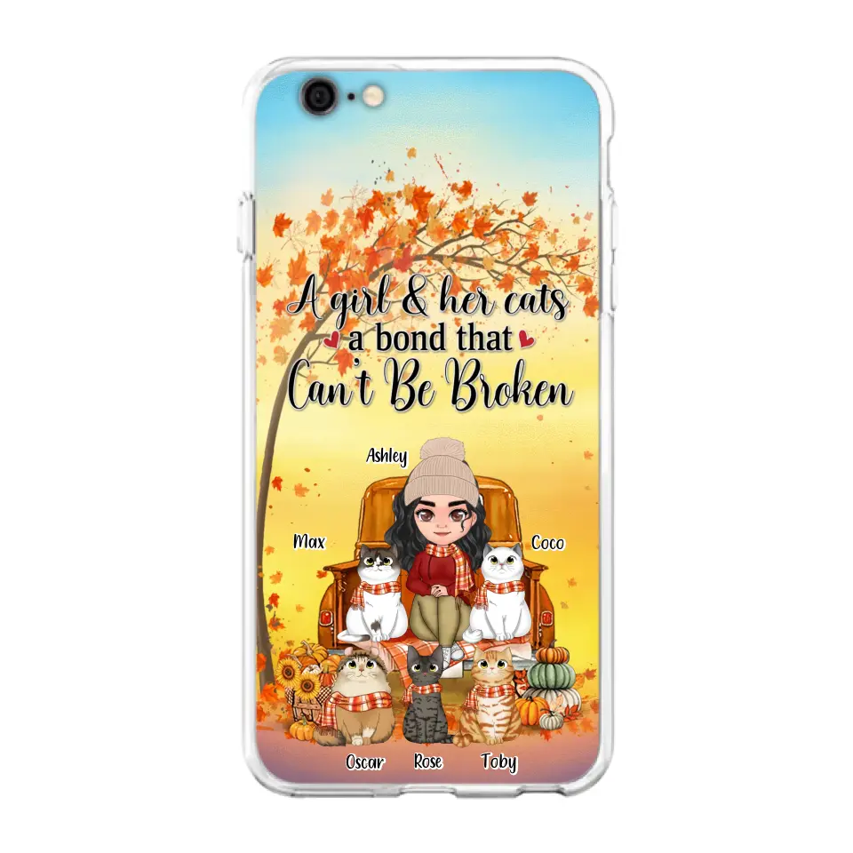 Custom Personalized Cat Mom Fall Season Phone Case - Gift Idea For Cat Owners - Upto 5 Cats -  Case For iPhone/Samsung - A Girl & Her Cats A Bond That Can't Be Broken