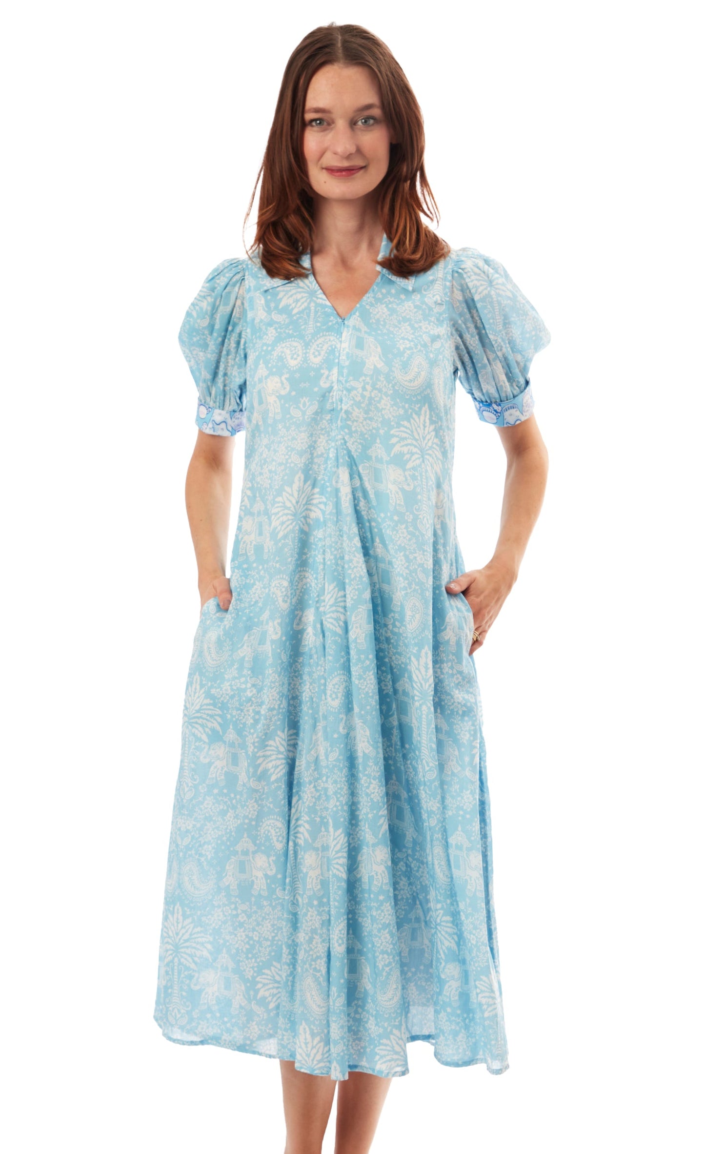 Montauk Dress Light Blue Elephants And Palm Trees