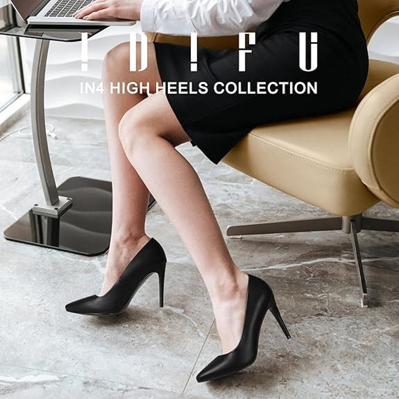 IDIFU Womens Size 8.5 Black 4" Stiletto Heel PU Leather Closed Pointed Toe Shoes